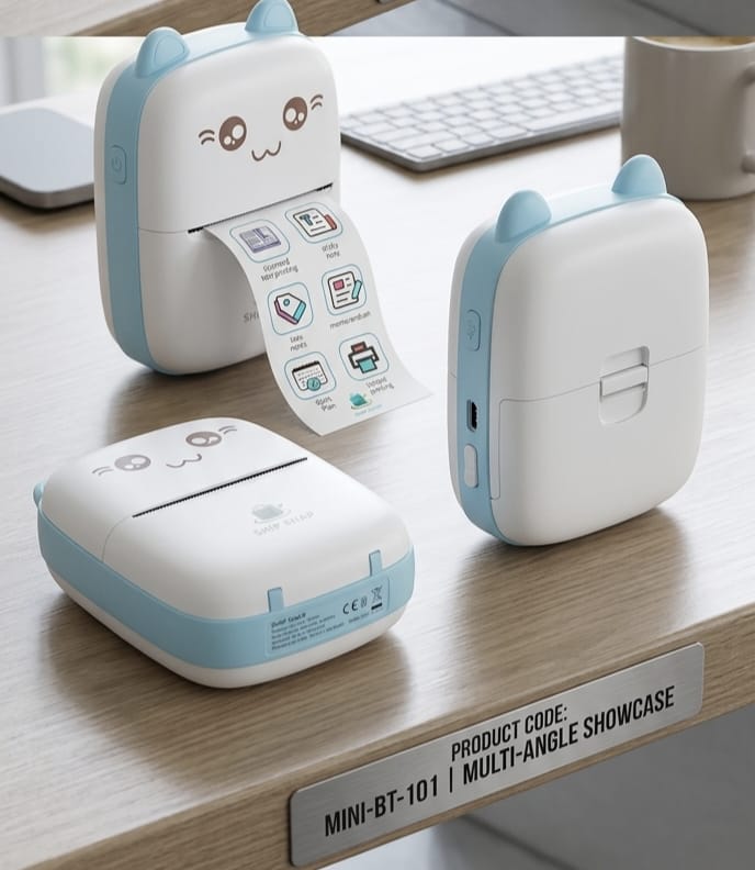 Mini printer box contents: printer, thermal paper roll, USB charging cable and manual