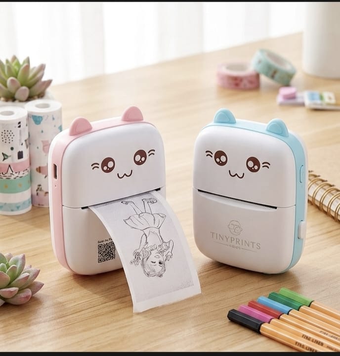 Pocket-sized thermal printer held in hand to show its compact size
