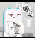MiniPodTech portable mini thermal printer in blue, shown with a printed paper strip